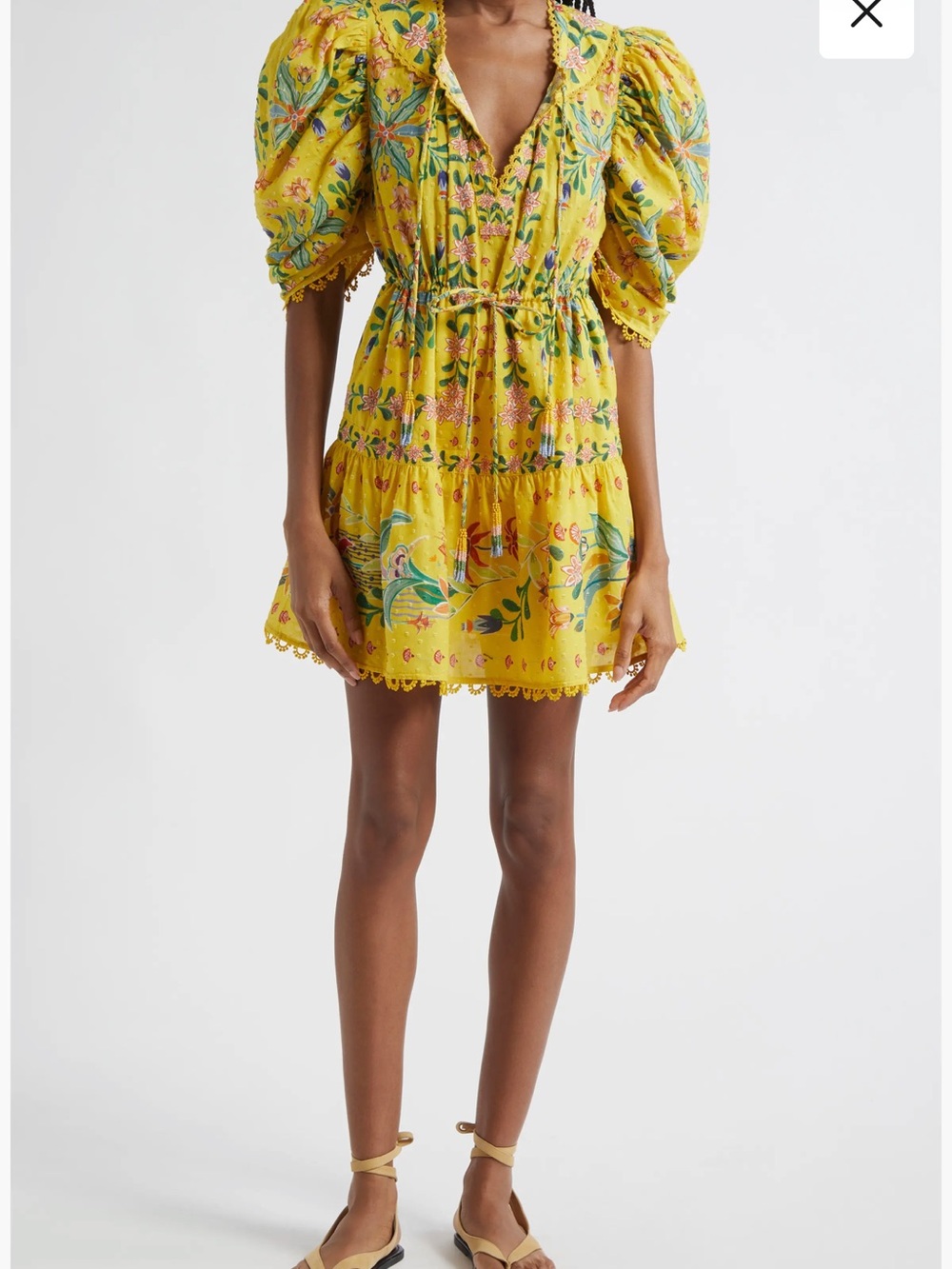 FARM Rio Yellow Floral Puff-Sleeve Mini Dress, Small